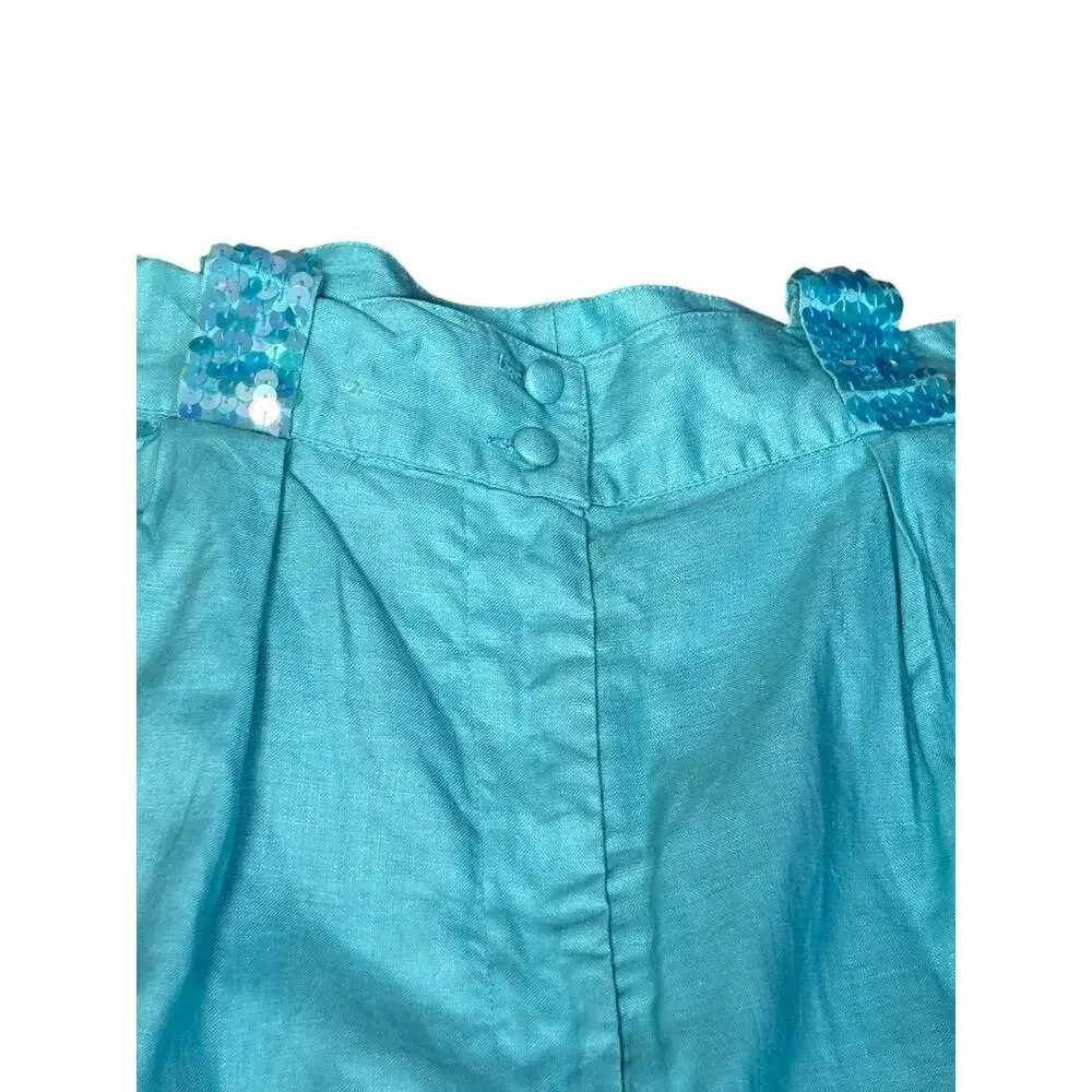Vintage Aqua Linen Sequin Trim‎ Shorts High Waist Pleated Walking Shorts Mermaid